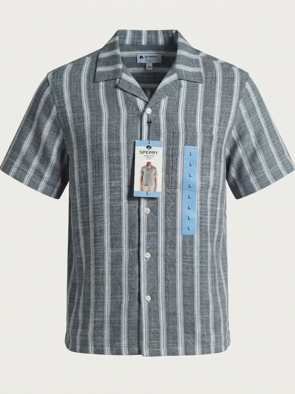 Sperry Men’s L Camp Collar Textured Shirt Navy Stripe Short Sleeve NWT